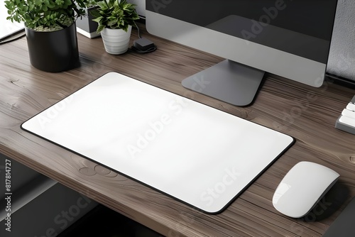 Minimalist White Desk Pad Mockup on Wooden Office Workspace