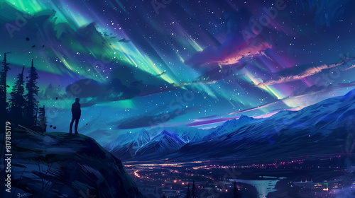 Majestic Aurora Borealis Over Mountain Landscape with Silhouette