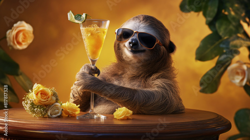 Happy Sloth in Sunglasses Holding a Cocktail On Vacation. Concept of Work Hard - Relax Slow.