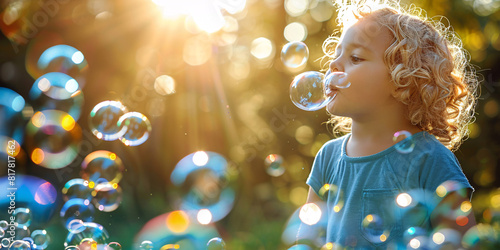 Close-up of happy kids blowing bubbles in a garden