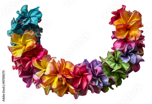 Colorful Hawaiian lei made of vibrant frangipani flowers, cut out - stock png.