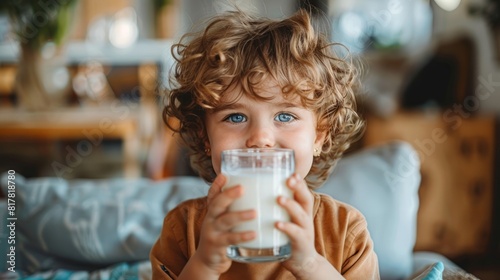 A blond child smiling while holding a glass of milk.