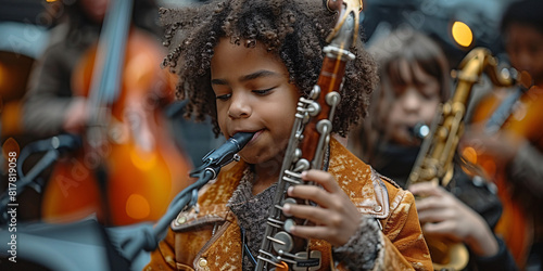 Close-up of kids playing musical instruments in a band
