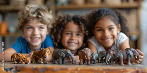 Close-up of kids playing with toy animals and figurines