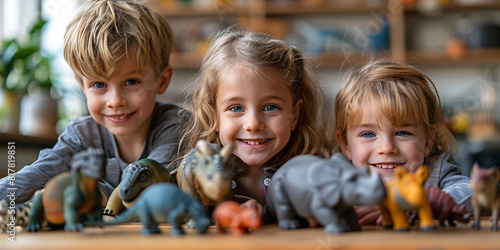 Close-up of kids playing with toy animals and figurines