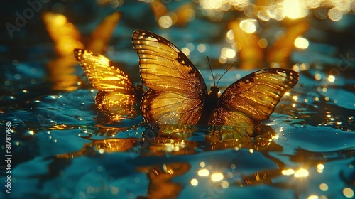  Close-up of a butterfly on water with droplets and blurry background
