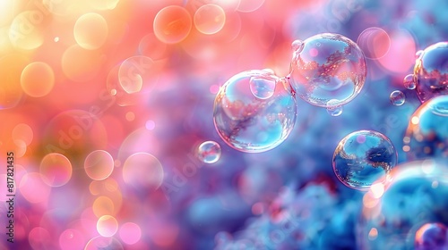  A group of bubbles bobbing atop a pastel blue, pink, yellow, and red backdrop with additional bubbles drifting skyward