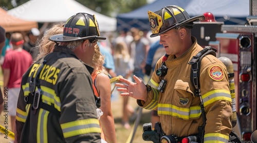 Firefighter Community Outreach: At a local event, firefighters engage with the community, educating the public about fire safety and demonstrating firefighting equipment to build awareness and trust 
