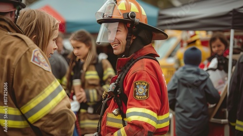 Firefighter Community Outreach: At a local event, firefighters engage with the community, educating the public about fire safety and demonstrating firefighting equipment to build awareness and trust 