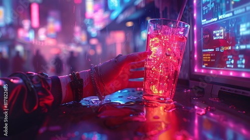 A gamer's hand reaching for a neon-lit energy drink, with a high-stakes game paused on the screen.