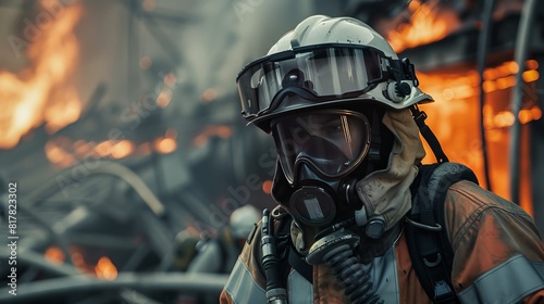 Firefighter in Full Gear: Dressed in full firefighting gear, a firefighter prepares to enter a burning building, equipped with an oxygen tank, helmet, and protective clothing 
