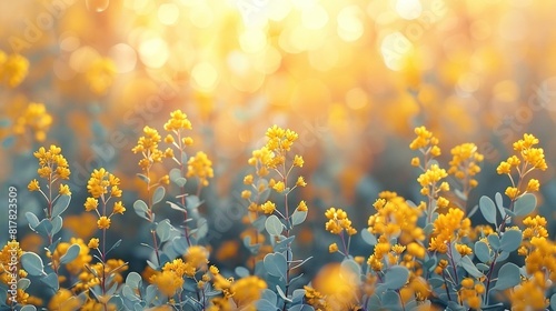  A close-up of a group of bright yellow flowers, with a hazy background of the sun shining far away