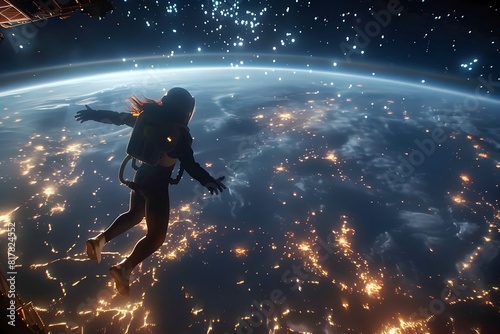Daring Astronaut Leaps from Space Station into Mesmerizing Cityscape Backdrop