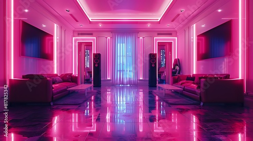 A luxurious gamer room with neon floor lighting, casting a futuristic glow on the entire space.
