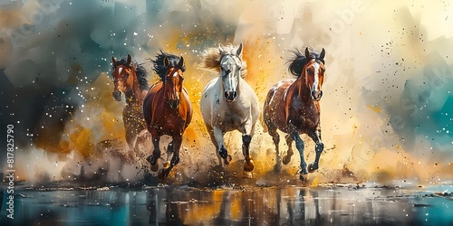 Horses running in water, digital painting of horses in motion.