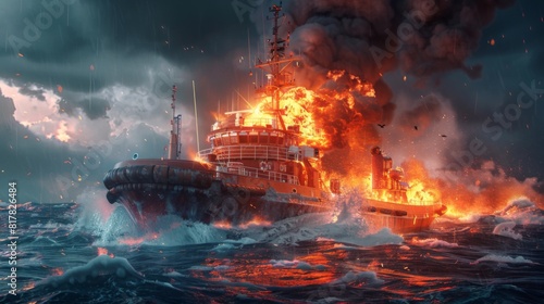 A rescue boat heads towards a fuel ship on fire. large cargo ship for logistic import export goods has the explosion and had a lot of fire and smoke at sea