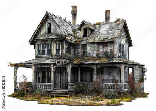 Victorian style abandoned house with detailed architecture, cut out - stock png.