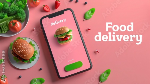 Modern food delivery mobile app kit template featuring a sleek user interface design, vibrant color scheme, and ample copy space for text, perfect for showcasing your food delivery service.
