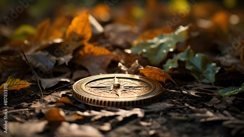 Compass laying on the yellow leaves in autumn forest. Travelling by foot in autumn season.