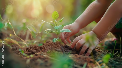 Child hands planting a tree. Sun light is coming from behind