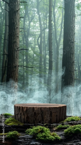 A tree stump stands in the midst of a dense forest, surrounded by trees and foliage under the natural light
