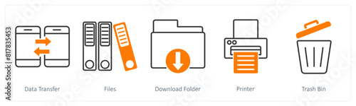 A set of 5 Business and Office icons as data transfer, files, download folder