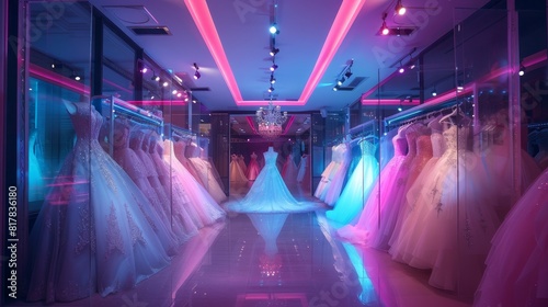 A stock photo of a neonlit bridal boutique, casting a magical glow over elegant wedding dresses