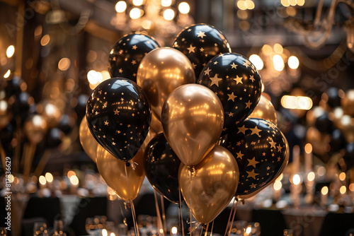 depict a beautifully decorated room with black and golden color balloons ready for birthday celebration to mark the auspicious occasion with friends and family