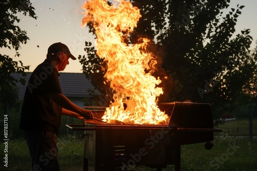 man at barbecue grill, uncontrollable fire flaring up