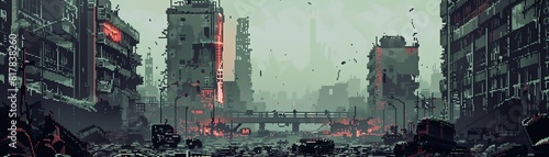 A pixel art image of a post-apocalyptic city. The city is in ruins, with destroyed buildings and cars everywhere. There is a green fog in the air, and the sky is dark and gloomy.