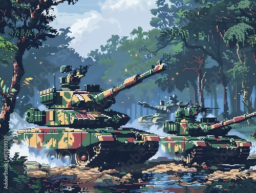 Create a pixel art image of a group of tanks driving through a forest. The tanks should be green and the background should be a detailed forest with lots of trees and underbrush.