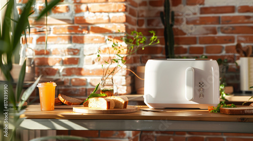 White toaster with bread slices and drinks on table ne