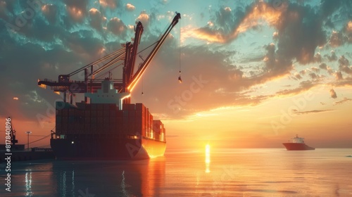 Cargo freight ship with crane to shore lift up loading container box in sunrise sky. import and export logistic and transportation concept