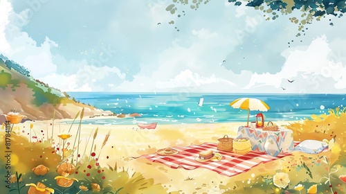 Beach picnic flat design front view sunny watercolor analogous color scheme