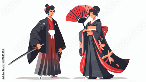Couple of geisha and samurai standing isolated on white