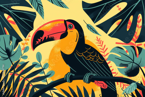 Ilustracion retro de un tucan de colores posado en una rama de un arbol con fondo de vegetacion en una selva