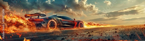 Design an imaginative composition merging dystopian landscapes with revolutionary automotive concepts, employing unique camera angles for a visually striking image