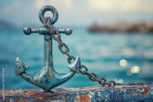 A anchor on a rusty chain near the water