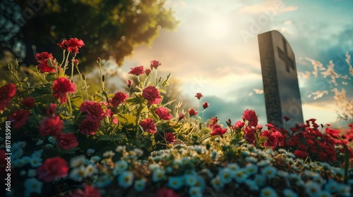 memorial day background concept, flowers and gravestone with copy space