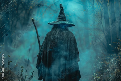 Wizard in a blue robe and hat with a staff in a forest