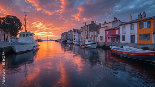 Coastal village at sunrise, boats docked at the harbor and pastel-colored skies