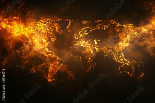 A close up of a fire map of the world on a black background
