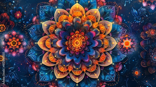 Intricate geometric mandalas, detailed lines and vibrant colors with symmetrical designs