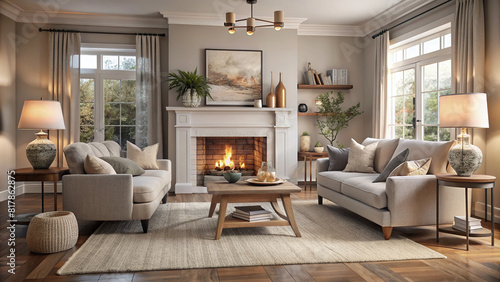 Cozy living room with a fireplace, soft textures, and a neutral color palette