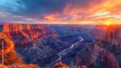 Majestic canyon at sunrise, dramatic cliffs and vibrant colors with a river winding through