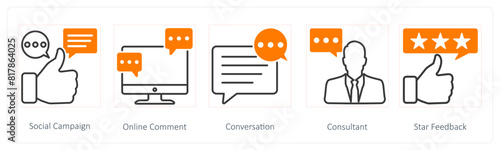 A set of 5 Seo icons as social campaign, online comment, conversation
