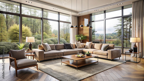 Contemporary living room with large windows, sleek furniture, and neutral tones