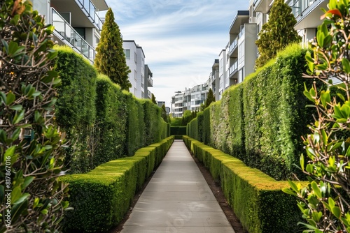 Modern residential pathway flanked by well-maintained green hedges and contemporary apartment buildings under a partly cloudy sky.