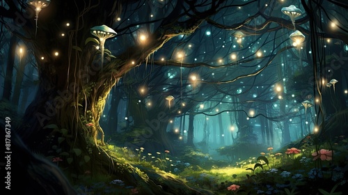 An enchanted forest with glowing mushrooms, sparkling fireflies, and twisting vines.