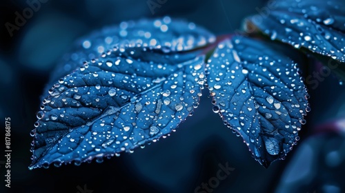 A close-up of water droplets on a blue leaf resembling shimmering dots.